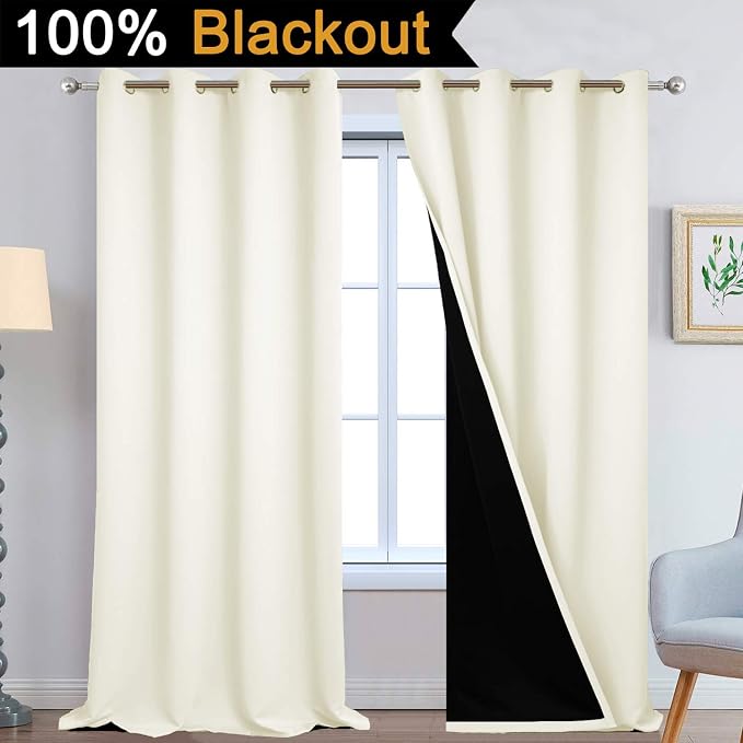 Yakamok Cream 100% Blackout Curtains 108 Inches Long for Bedroom 52" Wide | Blackout Curtain Panels for Bedroom, 2 Thick Layers Grommet Top Thermal Insulated Drapes with Black Liner for Living Room