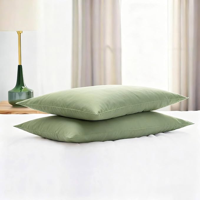 Flat Ultra Thin Bed Pillows Standard Size Pillow Set of 2 Extra Soft Down Alternative for Stomach Back Sleeper Sage Green 20x26inches