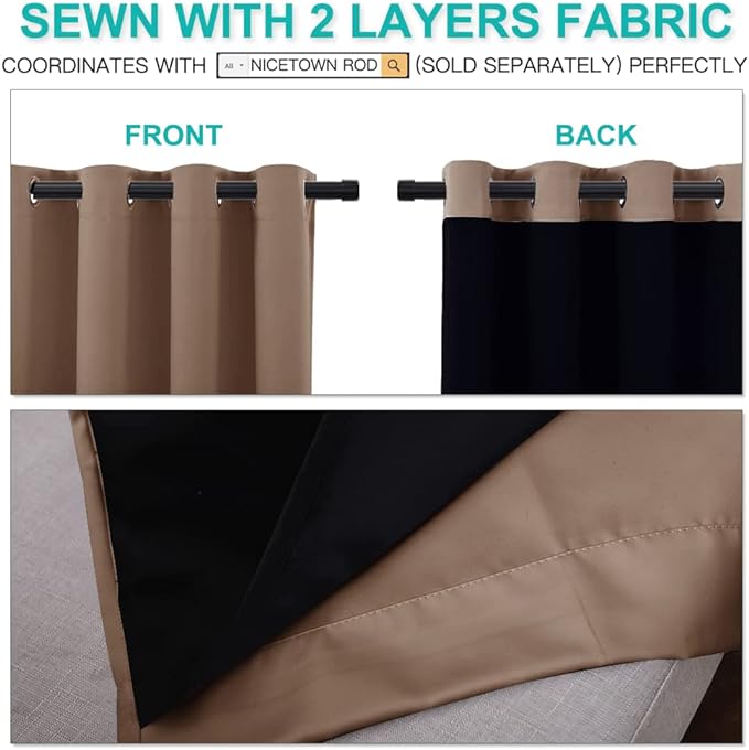NICETOWN Warm Curtains for Winter, 100% Blackout Curtains Thermal, Noise Reduction and Privacy Curtains for Patio Door, Black Lined Blackout Drapes with Grommets, Cappuccino, 1 Pair, W70 x L84