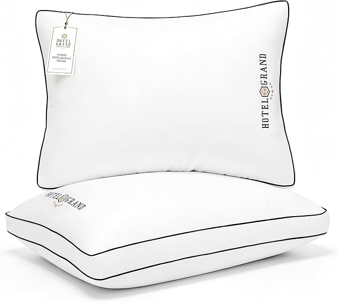Hotel Grand Queen Pillows Set of 2, Gusseted Firm Support Down Alternative | Hotel Collection Pillows for Side, Back or Stomach Sleepers, 400 Thread Count 100% Cotton Cover, 18x28 Inches