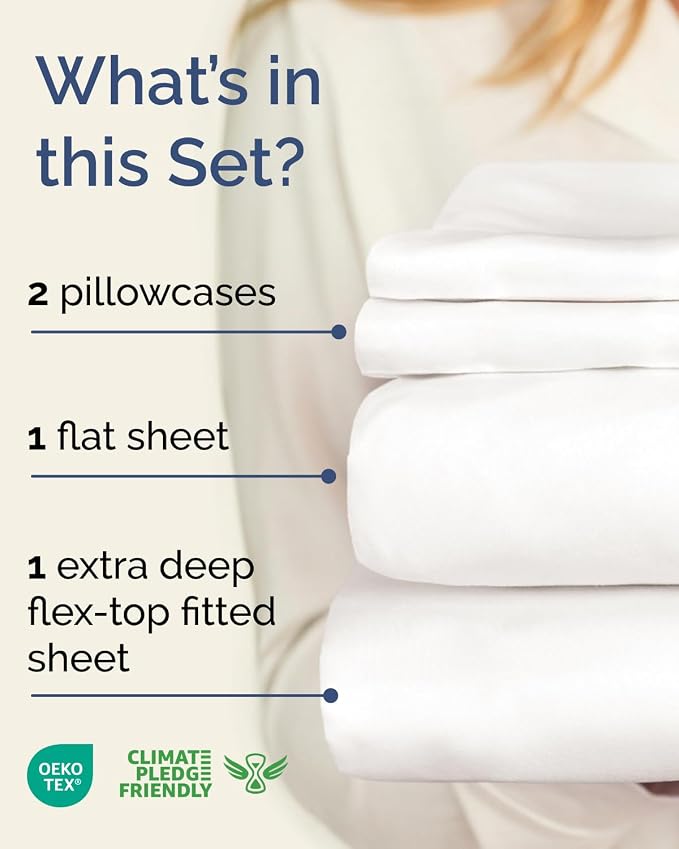 Flex Top Split Head King Sheet Set - 4 Piece Extra Deep - Antique White | Easily Fits 18 to 24 inch Mattress, Ultra Soft, Wrinkle & Fade Free with Extra Deep Pockets, Comfy Hotel Luxury Bedding