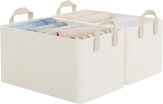 StorageWorks Fabric Storage Bins, Closet Organizer Bins, Beige, 2-Pack | With PU Handles, Wrinkle-Resistant Cottlyn Fabric, Foldable, For Bedroom, Bathroom, Laundry, Holds Clothes, Towels, Blankets