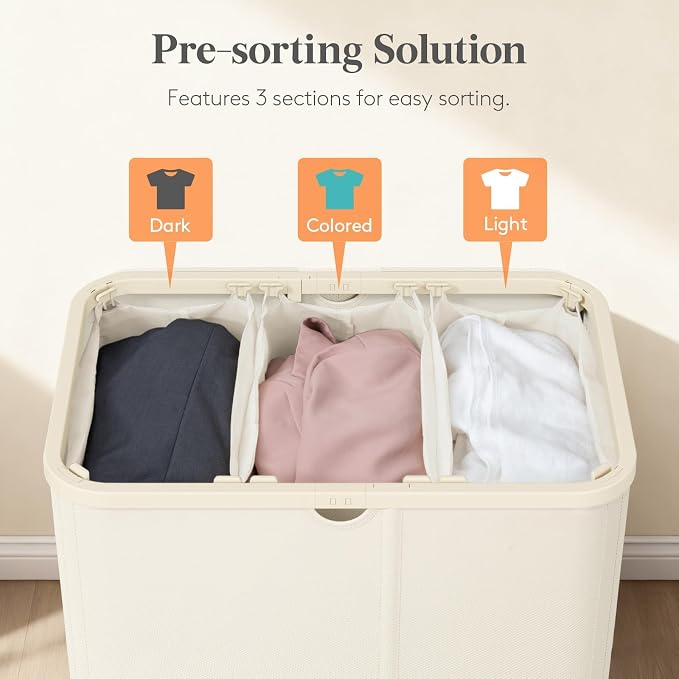 Lifewit 185L 3 Section Laundry Hamper with Lid, Laundry Basket, White | Large Foldable Laundry Sorter with 3 Removable Bags, Tall Clothes Hamper for Bedroom and Bathroom