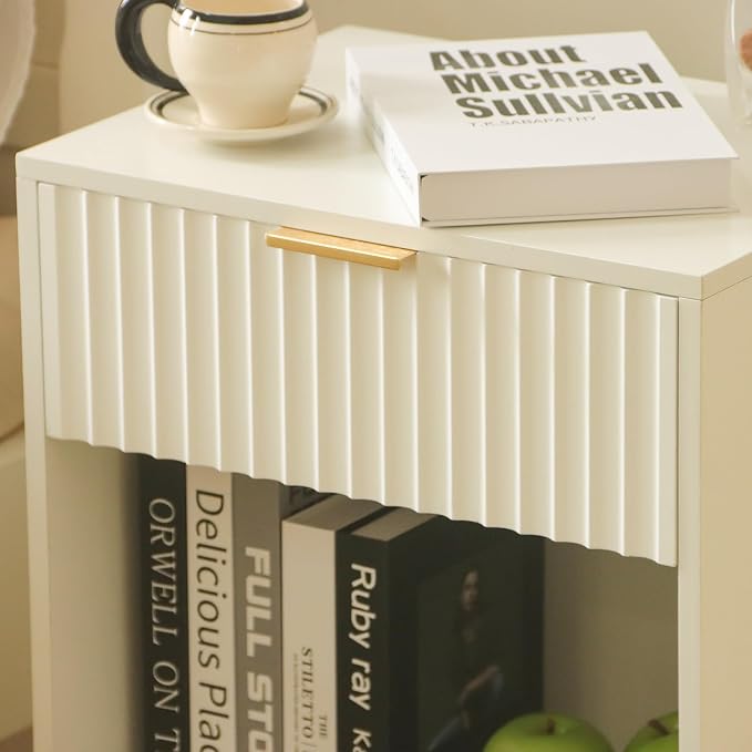 Fultyle White Nightstand, Modern Bedside Table with Drawer and Open Storage, Fluted End Side Table Living Room with Solid Wood Legs for Bedroom (White)