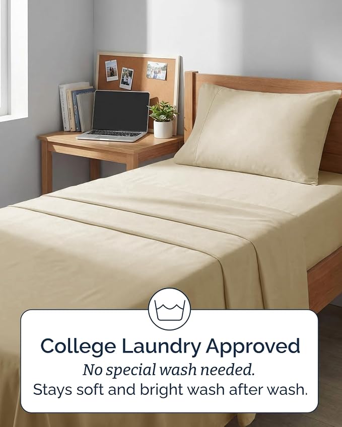 Extra Deep Twin XL Sheet Set - 3 Piece College Dorm Room - Beige | Soft, Breathable & Cooling, Easily Fits 18 to 24 inch Mattress, Wrinkle Free & Fade Resistant with Extra Deep Pockets