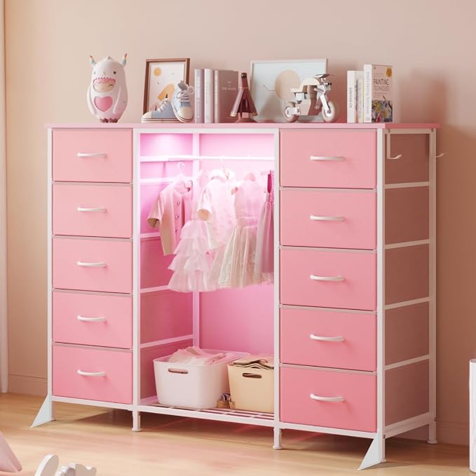 LUMTOK 55"W Dresser with Hanging Rack,10 Fabric drawers & Hooks for Bedroom | Pink 10 Drawers Dresser with LED Lights, Charging Station,chest of drawers with wooden top for clothing storage organization