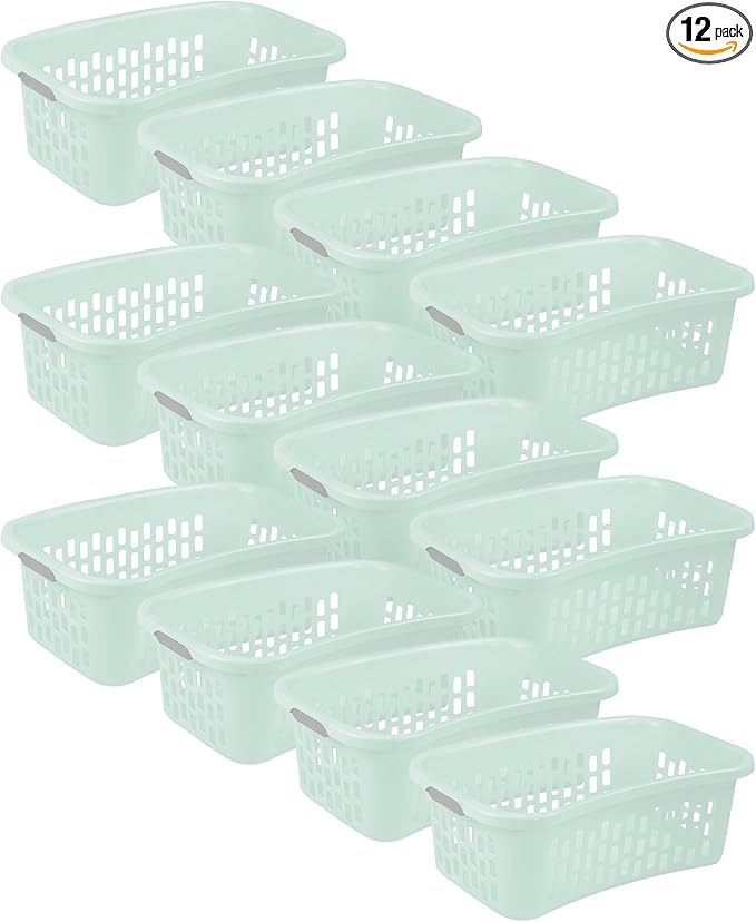 Sterilite 12 Pack HipHold Laundry Basket, Plastic Rectangle Clothes Hamper with Comfort Grip Handles & Reinforced Rim, 1.5 Bushel Capacity, Mint