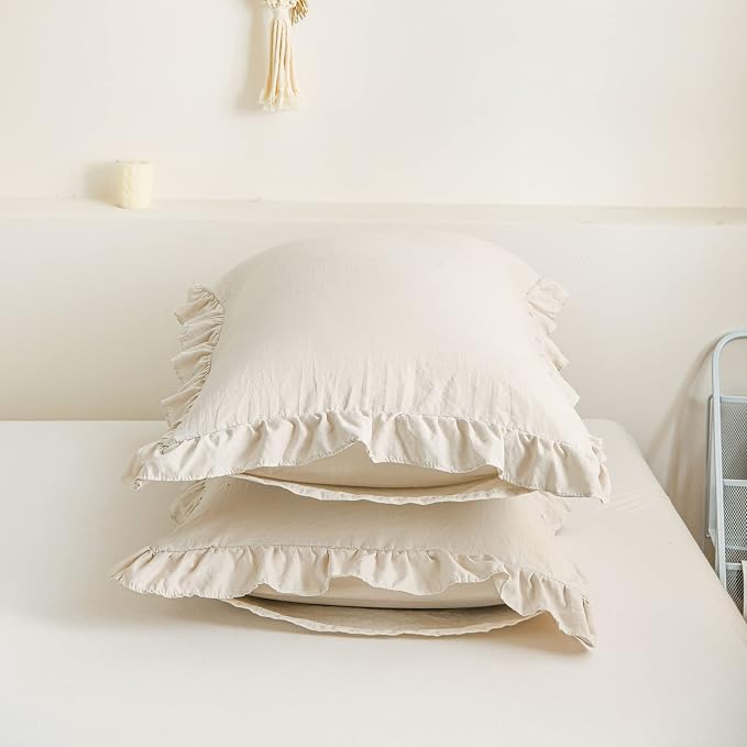 Merryword Beige Pillowcases Standard Ruffled Pillow Shams 20x26inch Beige Gray Ruffle Pillowcases Set of 2 Shabby Chic Pillow Cover