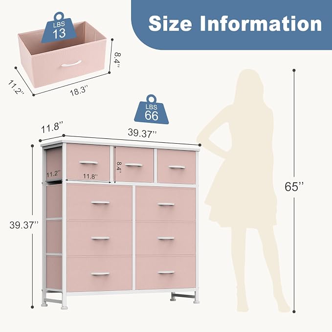 DUMOS 9 Drawer Dresser for Bedroom, Storage Organizer Chest of Drawers | Fabric Bins Storage Tower with Sturdy Metal Frame, Wood Tabletop for Closet, Pink