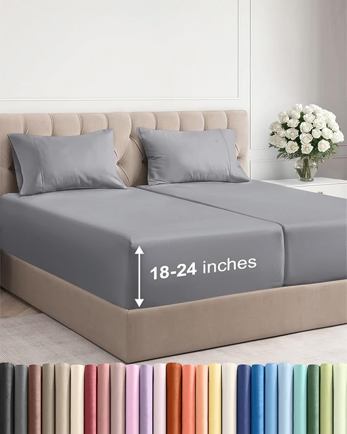 Extra Deep Split King Sheet Set - 5 Piece Breathable Cooling - Steel Blue | Easily Fits 18 to 24 inch Mattress - Ultra Soft, Wrinkle & Fade Free with Extra Deep Pockets - Comfy Hotel Luxury Bedding