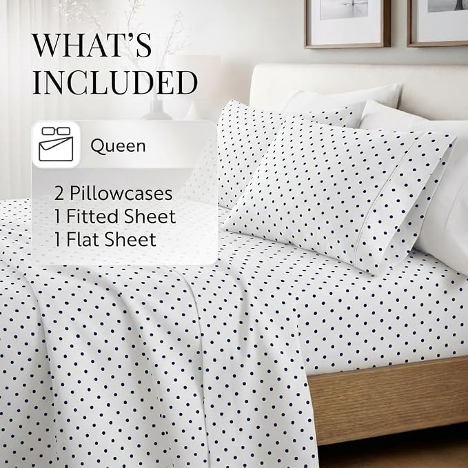 Linen Market 4 Piece Queen Sheet Set - Breathable, Double-Brushed Patterned Cooling Sheets – Oeko-TEX Certified Ultra Soft & Wrinkle-Free 16" Deep-Pocket Queen Sheets - Easy Care Dots Navy
