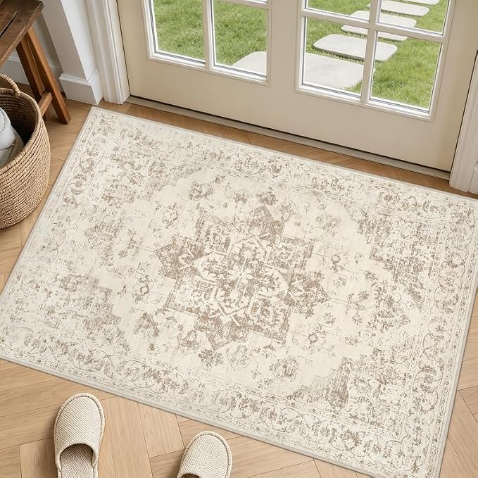 Washable Area Rugs 2x3: Living Room Bedroom Carpet Beige/Ivory | Vintage Boho Indoor Decor Soft Small Entryway Throw Neutral Kitchen Bathroom Laundry Floor Non-Slip Low Pile Entrance Rug