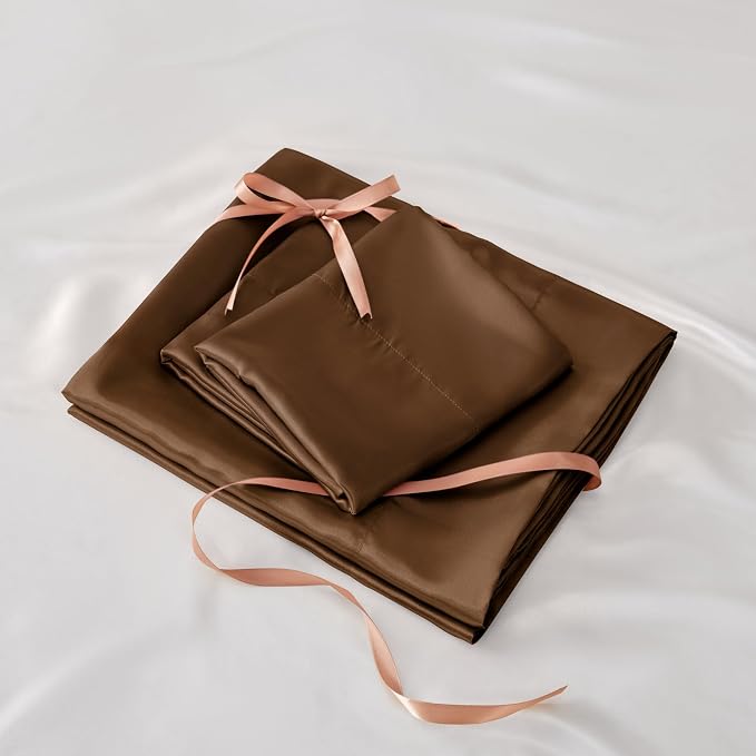 BEDELITE Satin Sheets Queen Size Bed Set, Brown, 4 Pieces | Luxury Silky Bed Sheets, 15 Inch Deep Pocket, Similar to Silk, Soft and Cooling, Reduces Friction, Gentle on Hair and Skin