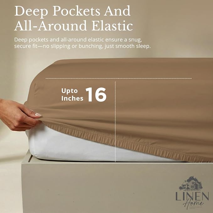 Linen Home 2-Pack Queen Sheet Set, 100% Cotton Percale Bedding, 8-Piece Value Bundle, Deep Pocket Cooling Bed Sheets for Hot Sleepers, Breathable & Crisp Hotel Quality, Long-Staple Cotton Earthy Brown