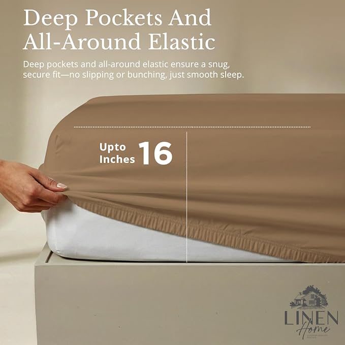 Linen Home 100% Cotton Percale Sheets Queen Size, Earthy Brown, Deep Pocket, 4 Pieces Set - 1 Flat, 1 Deep Pocket Fitted Sheet and 2 Pillowcases, Crisp Cool and Strong Bed Linen