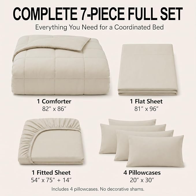 Full Size Comforter Sets Beige - 7 Pieces Bed in a Bag | OEKO-TEX Certified, All-Season, Bedroom, Guest Room, Down-Alternative Comforter + Flat & Fitted Sheets + 4 Pillowcases