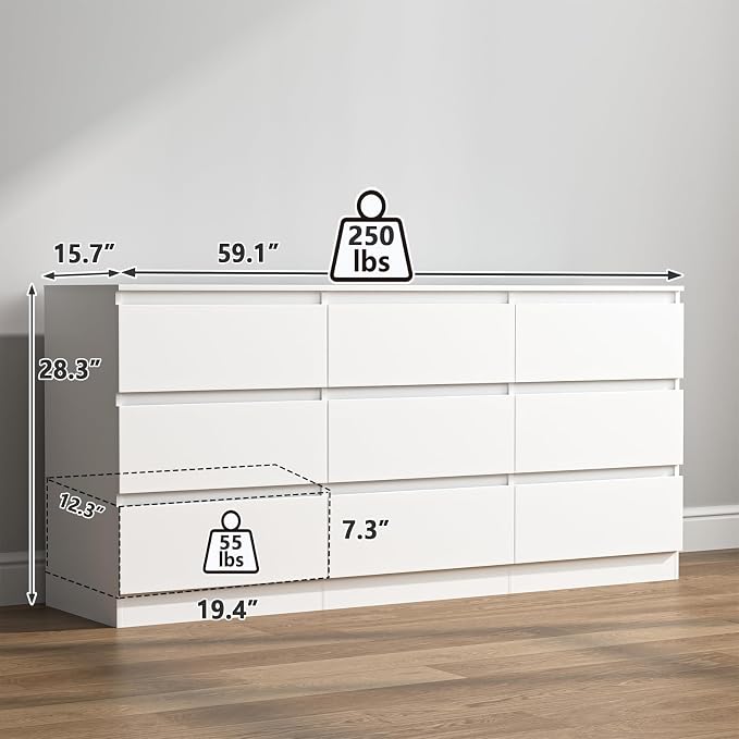 Vibe & Dine White Dresser 9 Drawer, Modern Long Dresser for Bedroom, Wood Chest of Drawers with Wide Storage for Living Room