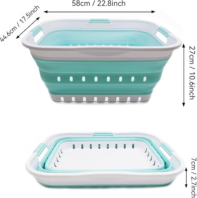 SAMMART 42L (11 gallon) Collapsible Plastic Laundry Basket - Foldable Pop Up Storage Container/Organizer - Space Saving Hamper/Basket (1, White/Lake Green)