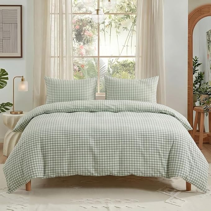 NEXHOME PRO Green Gingham Duvet Cover King, 100% Washed Cotton Like Linen Feel Organic Natural Bedding Set 3 Piece Sage Vintage Plaid Checkered Comforter Cover Set (No Comforter) 10490