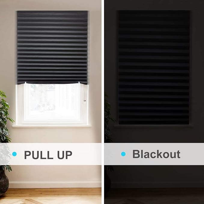 MYshade 6 Pack Temporary Blackout Paper Shades for Windows,Paper Pleated Blinds with Adhesive,No Tools No Drilling Free Cut Size Temporary Room Darkening Shades(Black, 36" W x 72" H)