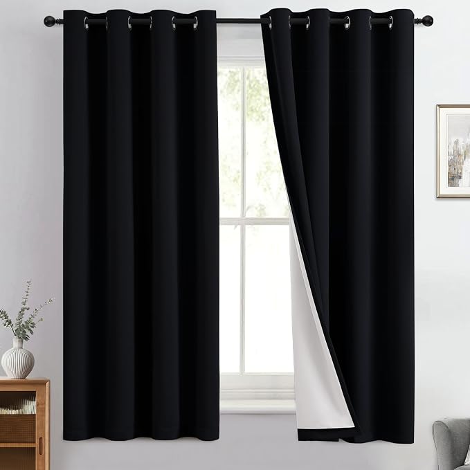 Yakamok Black 100% Blackout Curtains 63 Inches Long for Bedroom 50" Wide | Blackout Curtain Panels for Bedroom, 2 Thick Layers Grommet Top Thermal Insulated Drapes with White Back for Living Room