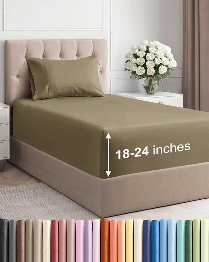 Extra Deep Twin Sheet Set - 3 Piece Breathable & Cooling Bed Sheets - Khaki | Easily Fits 18 to 24 inch Mattress - Ultra Soft, Wrinkle & Fade Free with Extra Deep Pockets - Comfy Hotel Luxury Bedding