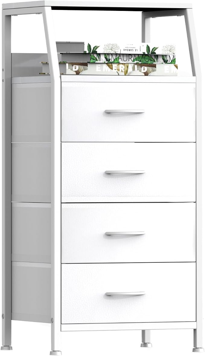 4 Drawers Small Fabric Dresser for Bedroom, Tall Dorm Nightstand | Vertical Storage Tower Closet Organizer, Skinny Narrow Bedside Table for Entryway, Steel Frame, Wooden Top