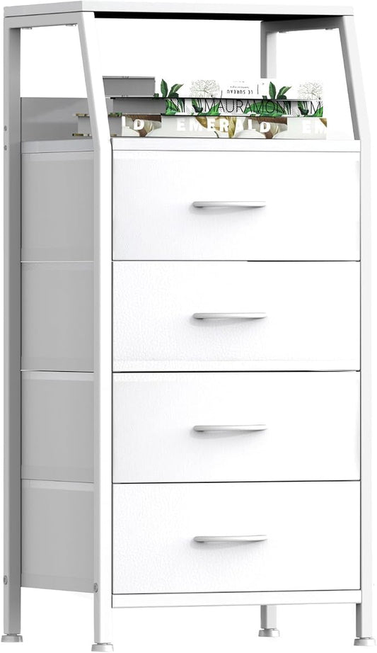 4 Drawers Small Fabric Dresser for Bedroom, Tall Dorm Nightstand | Vertical Storage Tower Closet Organizer, Skinny Narrow Bedside Table for Entryway, Steel Frame, Wooden Top