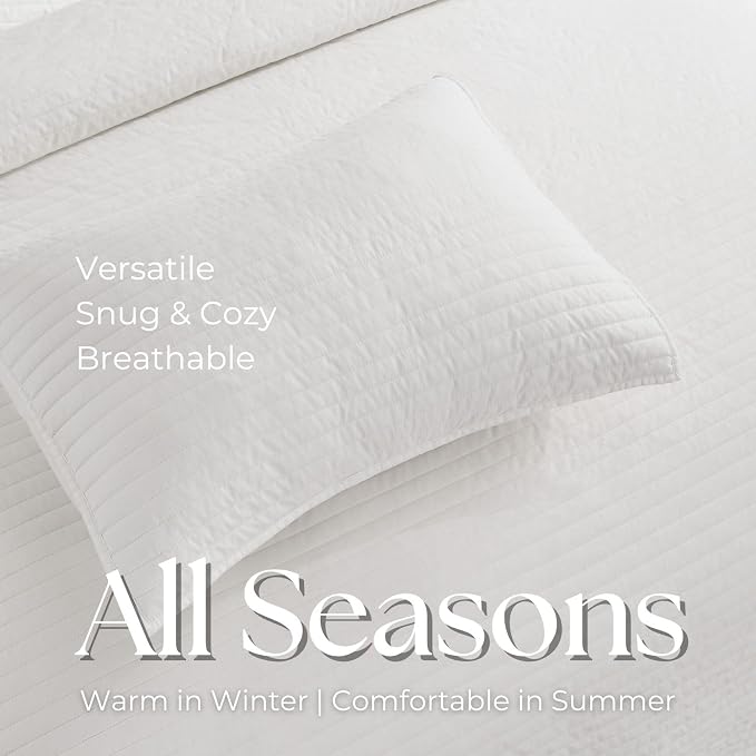 DOWN HOME Twin Quilt Bedding Set with Sham, Vintage Washed Soft Quilted Blanket Thin Comforter Lightweight Bedspread Coverlet Bed Cover, Brushed Microfiber Stripe Stitching, Snow White, 66"x92"