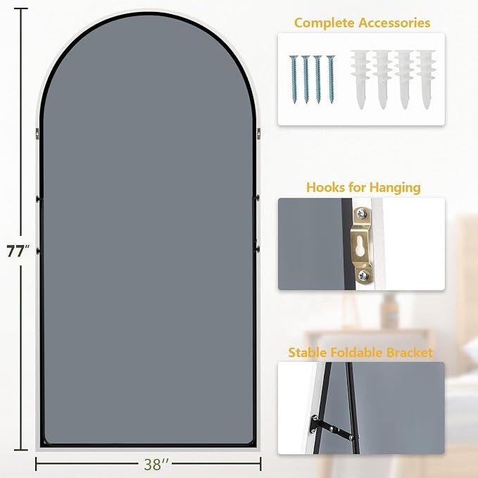 Dewfig Arched Full Length Mirror, 77"x38" Large Floor Mirror, White | Aluminum Alloy Frame Oversized Full Body Mirror, HD Shatterproof Tempered Glass, Lean/Stand/Wall for Living Room,Bedroom