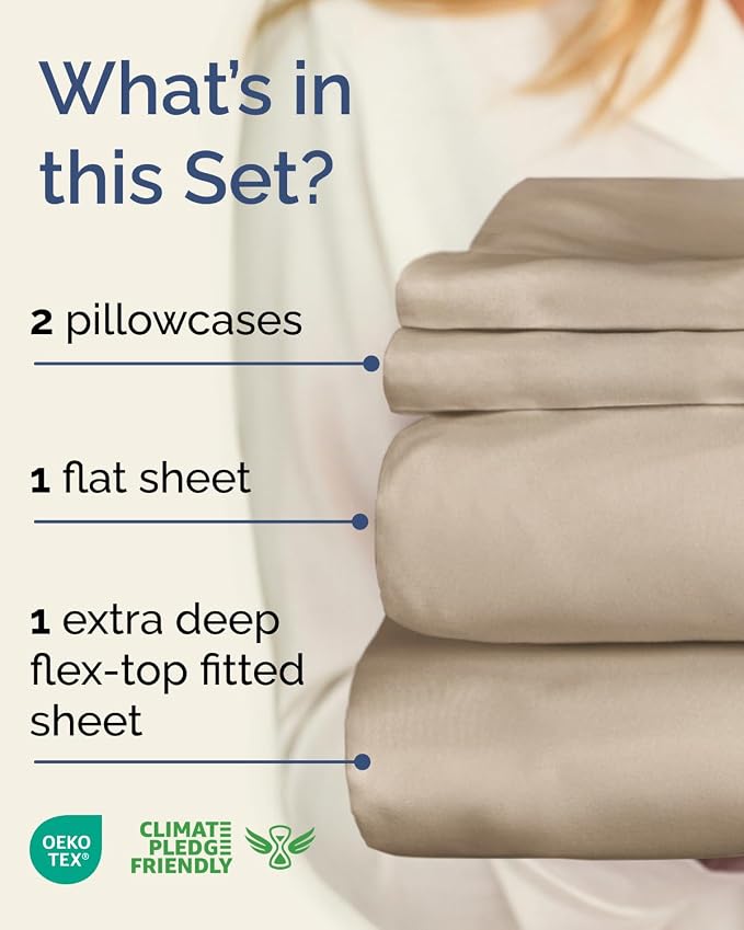 Flex Top Split Head King Sheet Set - 4 Piece Extra Deep Sheets - Cream | Easily Fits 18 to 24 inch Mattress, Ultra Soft, Wrinkle & Fade Free with Extra Deep Pockets, Comfy Hotel Luxury Bedding