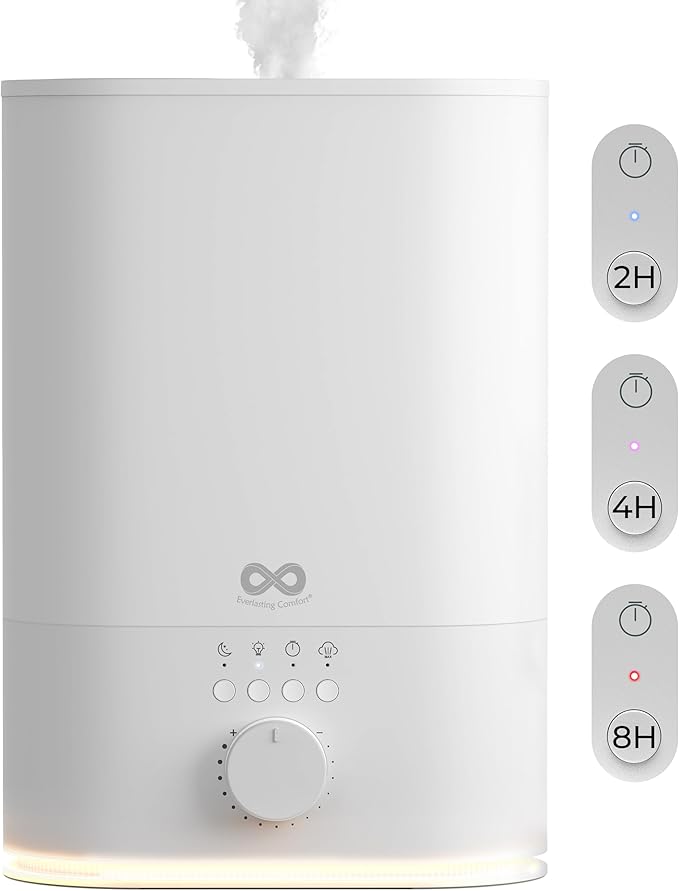 Everlasting Comfort 6L Top Fill Humidifier for Bedroom – Quiet, Easy to Fill & Clean, 60HR Runtime, Night Light, Timer, Ultrasonic Cool Mist, Auto Shut-Off for Indoor Use- White