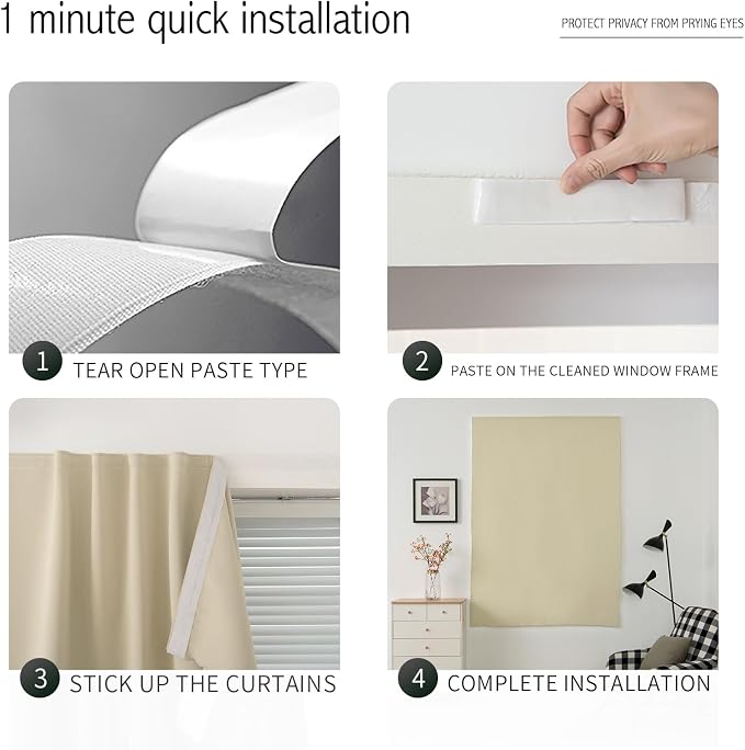 Blackout Curtains with Self Adhesive Tape No Rod No Drill Easy Install Window Cover for Bedroom Kitchen Dorm 34" W X 59" L Beige 1 Panel