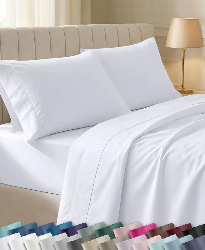 California Design Den Soft 100% Cotton Sateen King Size Sheets Set, White | 400 Thread Count Backed by Good Housekeeping Seal, 16" Deep Pocket, All-Around Elastic, Durable, Easy Care