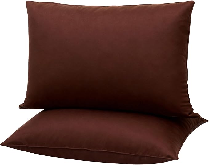 Flat Ultra Thin Bed Pillows Standard Size Pillow Set of 2 Extra Soft Down Alternative for Stomach Back Sleeper Coffee Brown 20x26inches