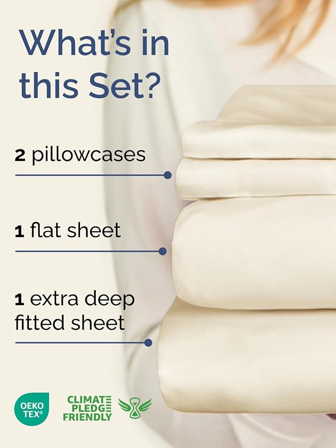 Extra Deep Cal King Sheet Set - 4 Piece Breathable & Cooling - Off White | Easily Fits 18 to 24 inch Mattress, Ultra Soft, Wrinkle & Fade Free with Extra Deep Pockets, Comfy Hotel Luxury Bedding