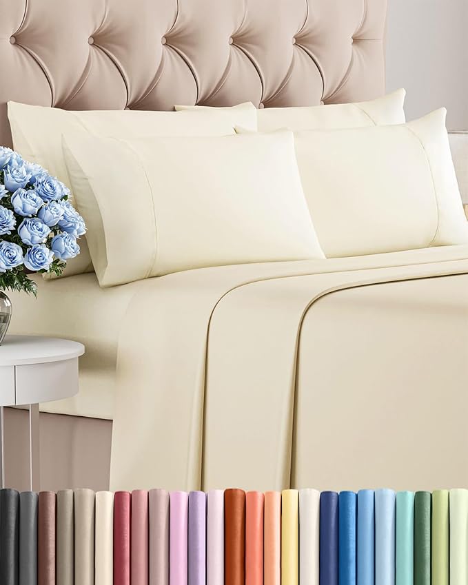 King 6 Piece Bed Sheet Set - Comfy, Breathable & Cooling Sheets - Off White | Ultra Soft Hotel Luxury Bedding Set w/ 8-16 Inch Deep Pockets - 1 Flat & 1 Fitted Sheet & 4 Pillowcases - Wrinkle & Fade Free