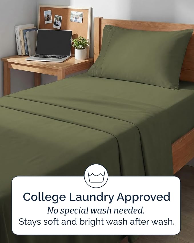 Twin XL 4 Piece Sheet Set - College Dorm Room Essentials - Sage Green | Ultra Soft Dorm Bedding Set, 8" to 16" Inch Deep Pockets, 1 Flat & 1 Fitted Sheet & 2 Pillowcases, Wrinkle & Fade Free