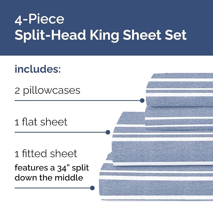 Flex Top Split Head King 4 Piece Sheet Set - Soft & Cooling - Blue Stripes | Cooling Bed Sheets Set, Hotel Luxury Bedding for Women & Men with Deep Pockets, Wrinkle Free & Fade Resistant, Oeko-Tex
