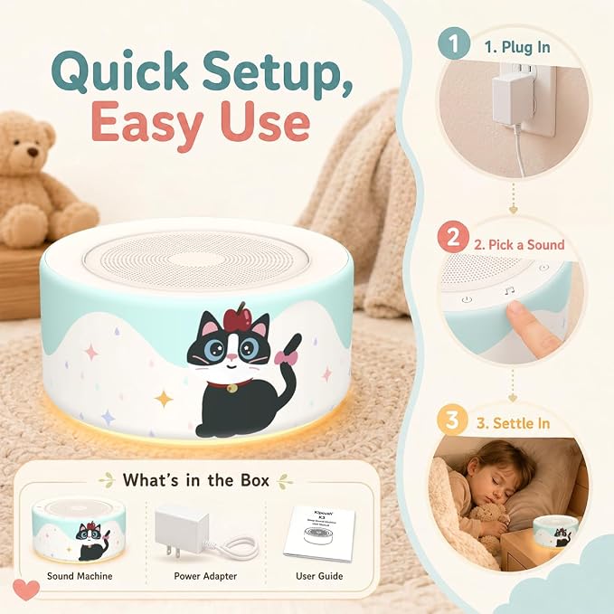Kipcush White Noise Machine for Baby & Adults, Sleep Sound Machine with 30 Soothing Sounds, 8-Color Night Light, Memory Function, White Noise for Sleeping, Nursery, Office, Travel, Relaxation