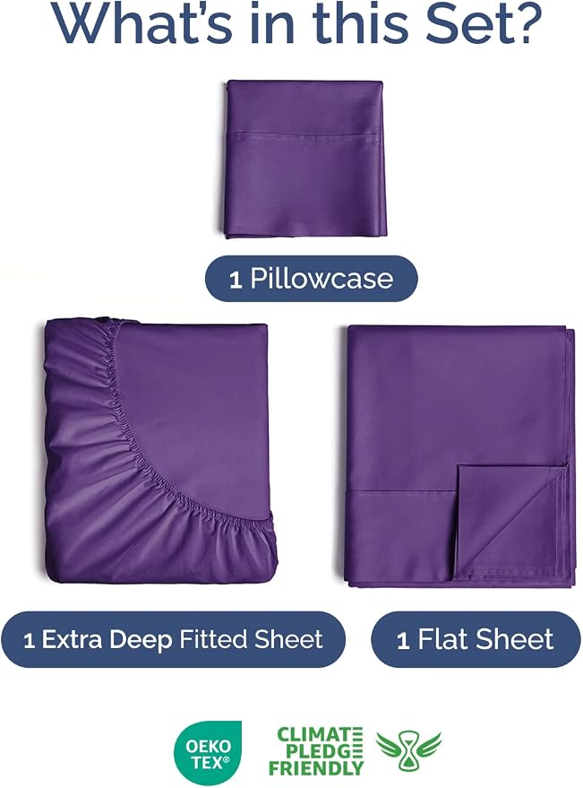 Extra Deep Twin Sheet Set - 3 Piece Breathable & Cooling Sheets - Purple | Easily Fits 18 to 24 inch Mattress - Ultra Soft, Wrinkle & Fade Free with Extra Deep Pockets - Comfy Hotel Luxury Bedding
