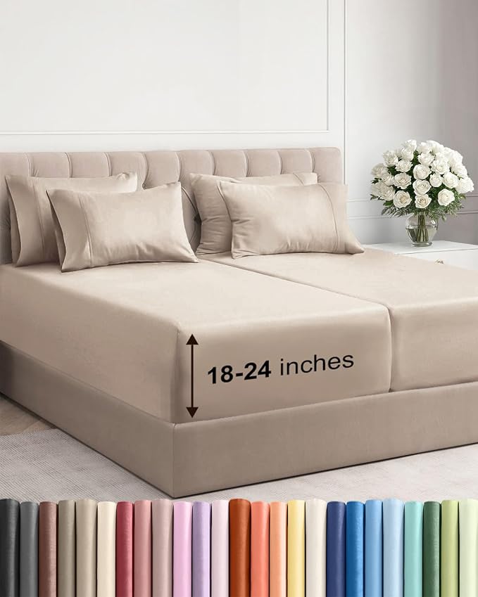 Extra Deep Split King Sheet Set - 7 Piece Breathable Cooling Sheets - Wheat | Hotel Luxury Bed Sheets Set, Easy & Secure Fit, Ultra-Soft, Wrinkle & Fade Free, Comfy Sheets Set with Extra Deep Pockets