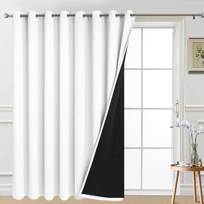 Yakamok Pure White Blackout Patio Door Curtain Panels W100 x L84, 1 Panel | Noise Reducing Barrier Panel for Sliding Glass Door, 2 Thick Layers Heat Full Light Blocking Patio Door Drapery