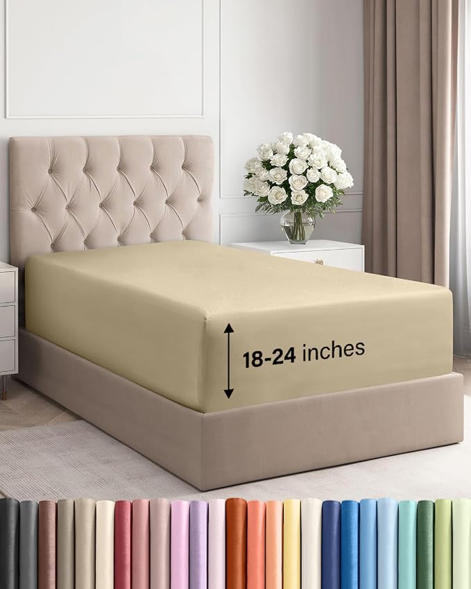 Extra Deep Twin Fitted Sheet - Single Fitted Sheet Only - Beige | Easily Fits 18 inch to 24 inch Mattress, Soft, Wrinkle Free, Breathable & Comfy, Extra Deep Pockets Hotel Luxury Fitted Sheet