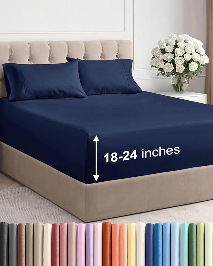 Extra Deep Twin Sheet Set - 4 Piece Breathable & Cooling Sheets - Navy Blue | Hotel Luxury Bed Sheets Set, Easy & Secure Fit, Ultra-Soft, Wrinkle & Fade Free, Comfy Sheets Set with Extra Deep Pockets