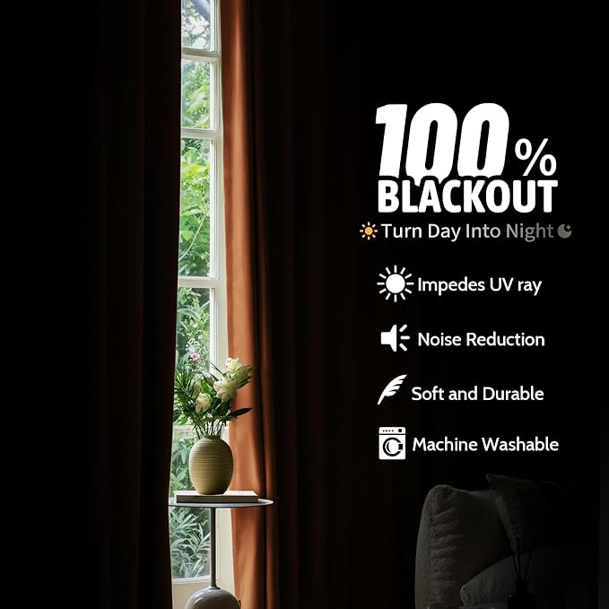 COSVIYA Grommet Brunt Orange 100% Blackout Curtains 63 inch for Bedroom | 2 Thick Layers Full Room Darkening Thermal Insulated Curtain,Grommet Window Drapes for Living Room, 52x63 Inch, 2 Panels