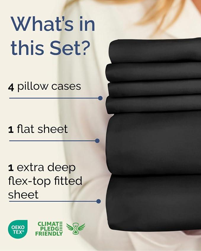 CGK Unlimited Extra Deep Flex Top Split Head King Sheet Set - 6 Piece Breathable and Cooling Sheets - Hotel Luxury Bedding for Women, Men, Kids & Teens - Easy Secure Fit - Extra Deep Pockets - Black