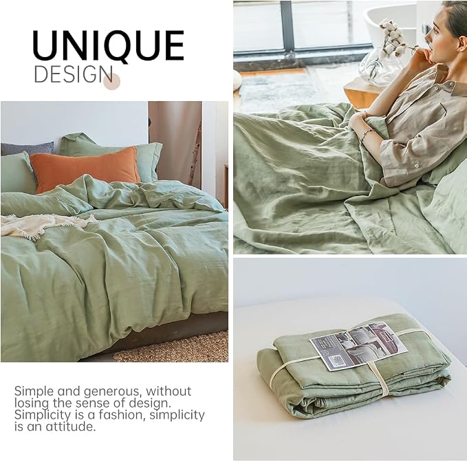Simple&Opulence 100% Linen Duvet Cover Set 3pcs Basic Style Natural French Washed Flax Solid Color Soft Breathable Farmhouse Bedding with Button Closure - Sage Green, Full