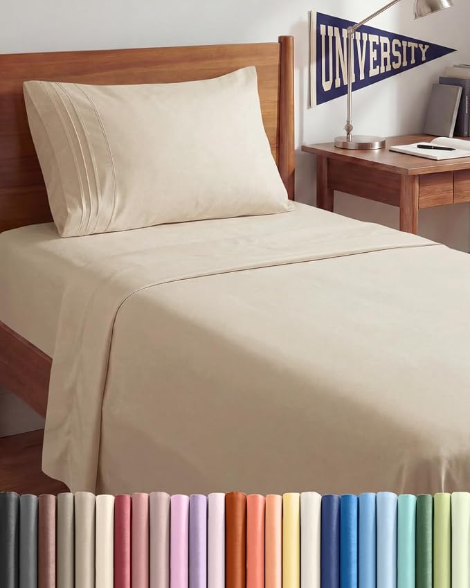Twin XL 3 Piece Sheet Set - College Dorm Room Essentials - Cream | Deep Pocket Bed Sheets for Women, Men, Teens & Students, Soft, Cooling, Breathable & Wrinkle Free, Oeko-Tex Bed Sheet Set