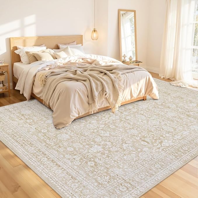 8x10 Area Rugs Living Room: Bedroom Washable Carpet Natural Beige | Large Vintage Boho Indoor Decor Carpets Soft Nursery Farmhouse Dining Room Office Floor Non-Slip Low Pile Under Table Rug